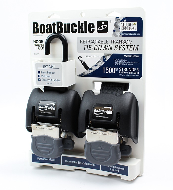 BoatBuckle Mini G2 Retractable, Ratcheting Transom Tie-Downs - 6' Long -  466 lbs - Qty 2 BoatBuckle Boat Tie Downs IMF106877